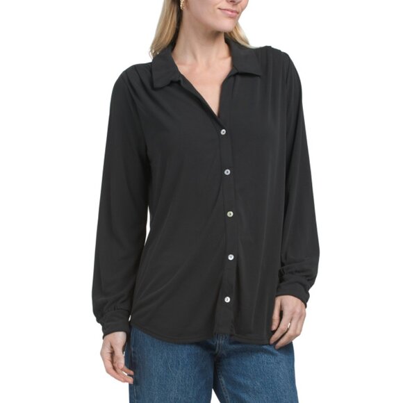 GREEN ENVELOPE Charcoal Long Sleeve Botton Up Top - Picture 1 of 2